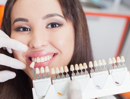 Female patient having teeth shade matched